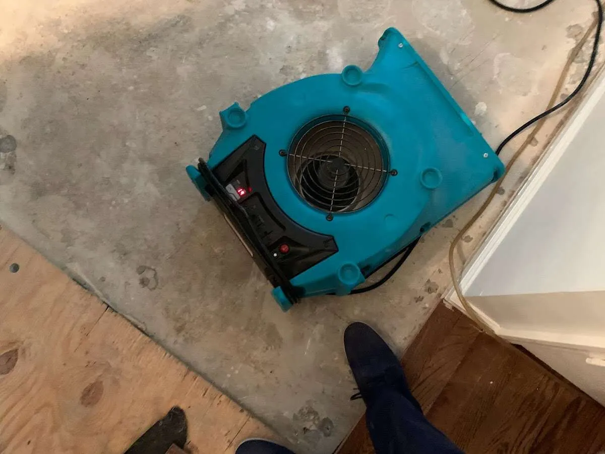 Air mover drying subfloor during Commercial Water Damage Restoration in Mount Arlington